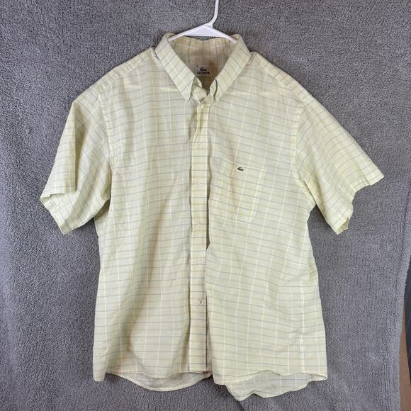 Lacoste Shirt Mens 45 Yellow Plaid Button Down Short Sleeve Alligator Logo - Picture 1 of 11